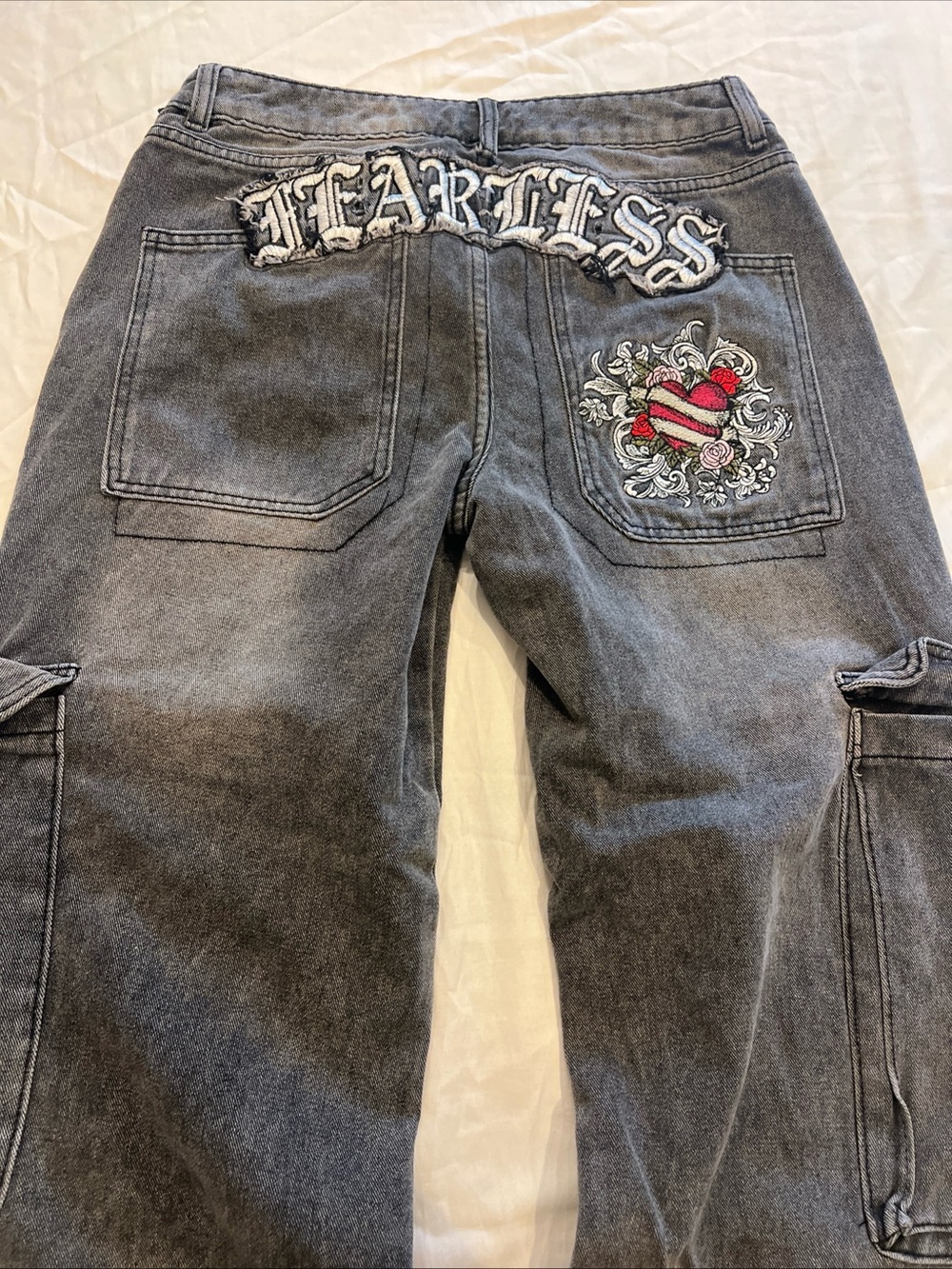 Carbon Women's Gray Flare Jeans with 'Fearless' Embroidery Heart Size 5 Junior